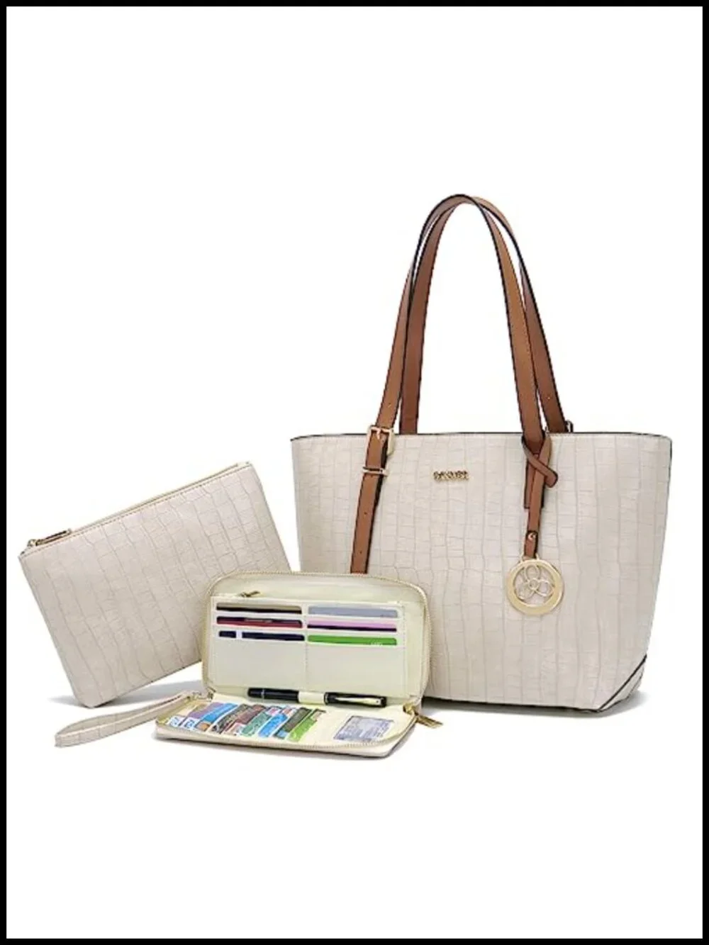 Women's Tote Satchel Handbag Set with Matching Wallet Faux Leather Gold